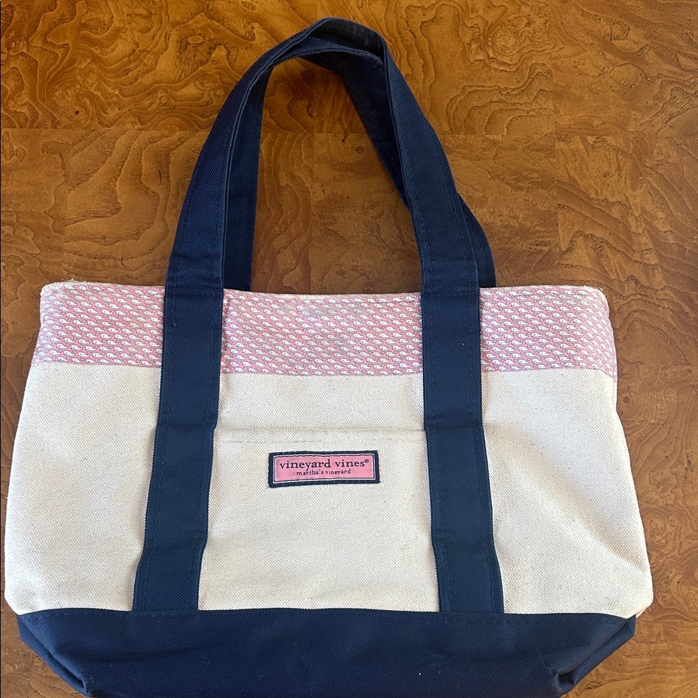Vineyard Vines Cream and Navy Tote with Pink Accents